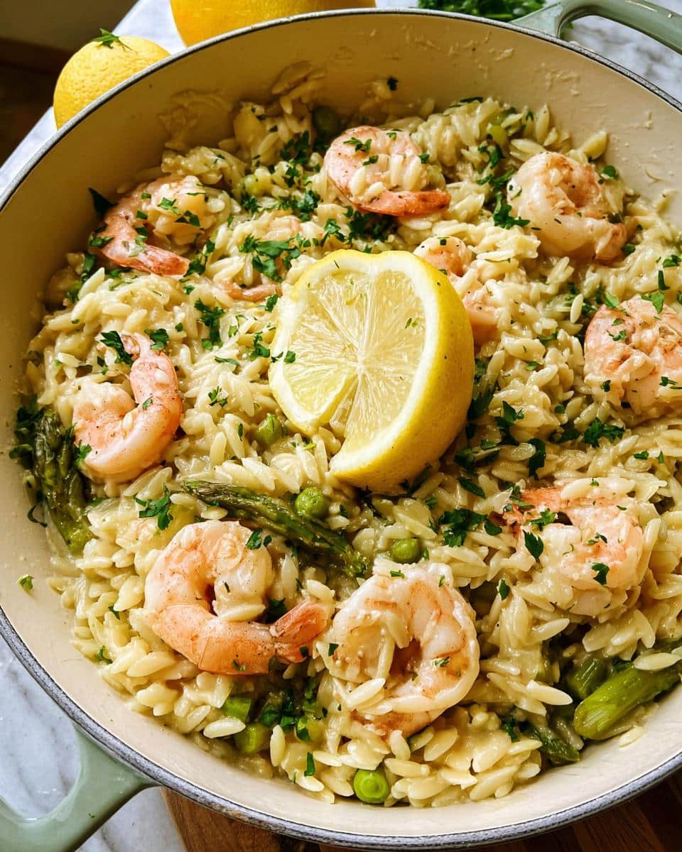 Close-up of creamy Gluten Free Lemon Orzo with Shrimp, asparagus, and peas, garnished with parsley and a lemon slice.