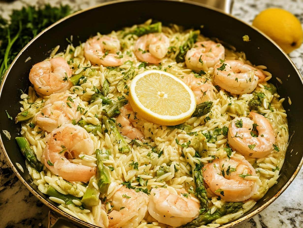 Close-up of Gluten Free Lemon Orzo with Shrimp and asparagus, garnished with a lemon slice.