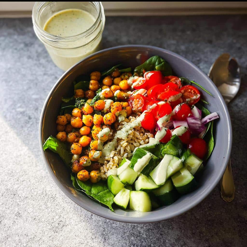 A vibrant Gluten Free Mediterranean Chickpea Bowl featuring roasted chickpeas, brown rice, tomatoes, cucumber, and a creamy dressing.