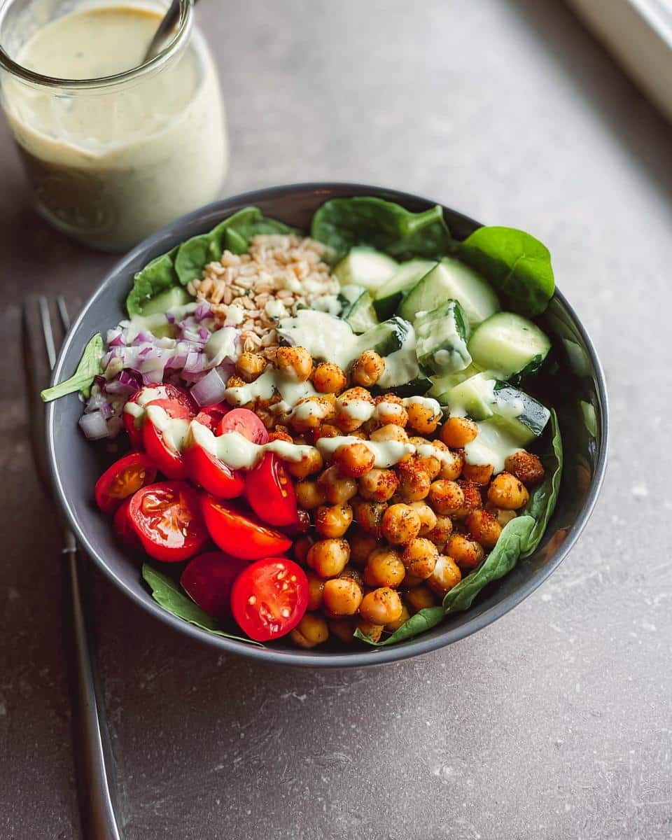 Close-up of a Gluten Free Mediterranean Chickpea Bowl featuring seasoned chickpeas, tomatoes, cucumbers, and creamy dressing.