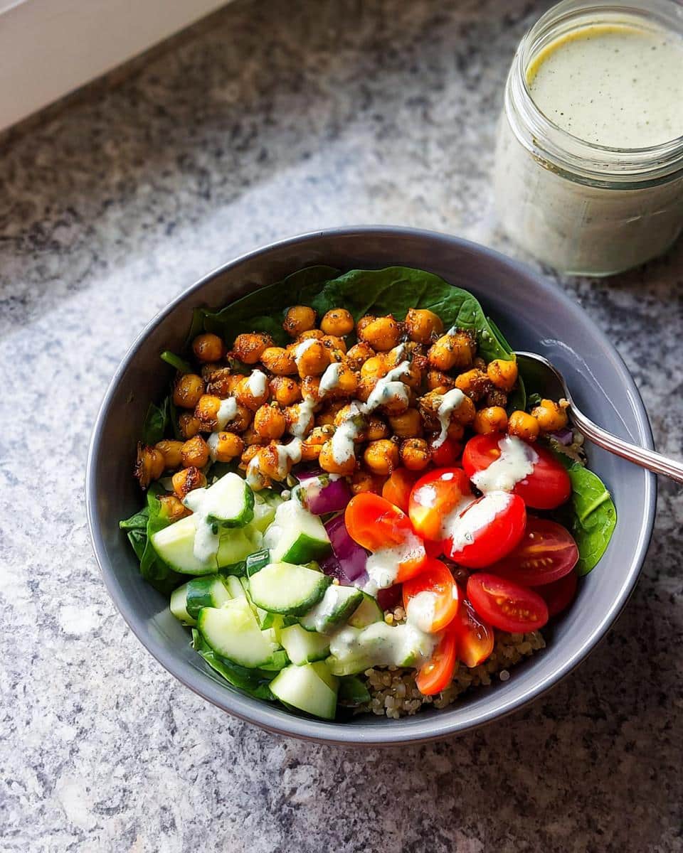 Close-up of a vibrant Gluten Free Mediterranean Chickpea Bowl with seasoned chickpeas, tomatoes, cucumber, and creamy dressing.
