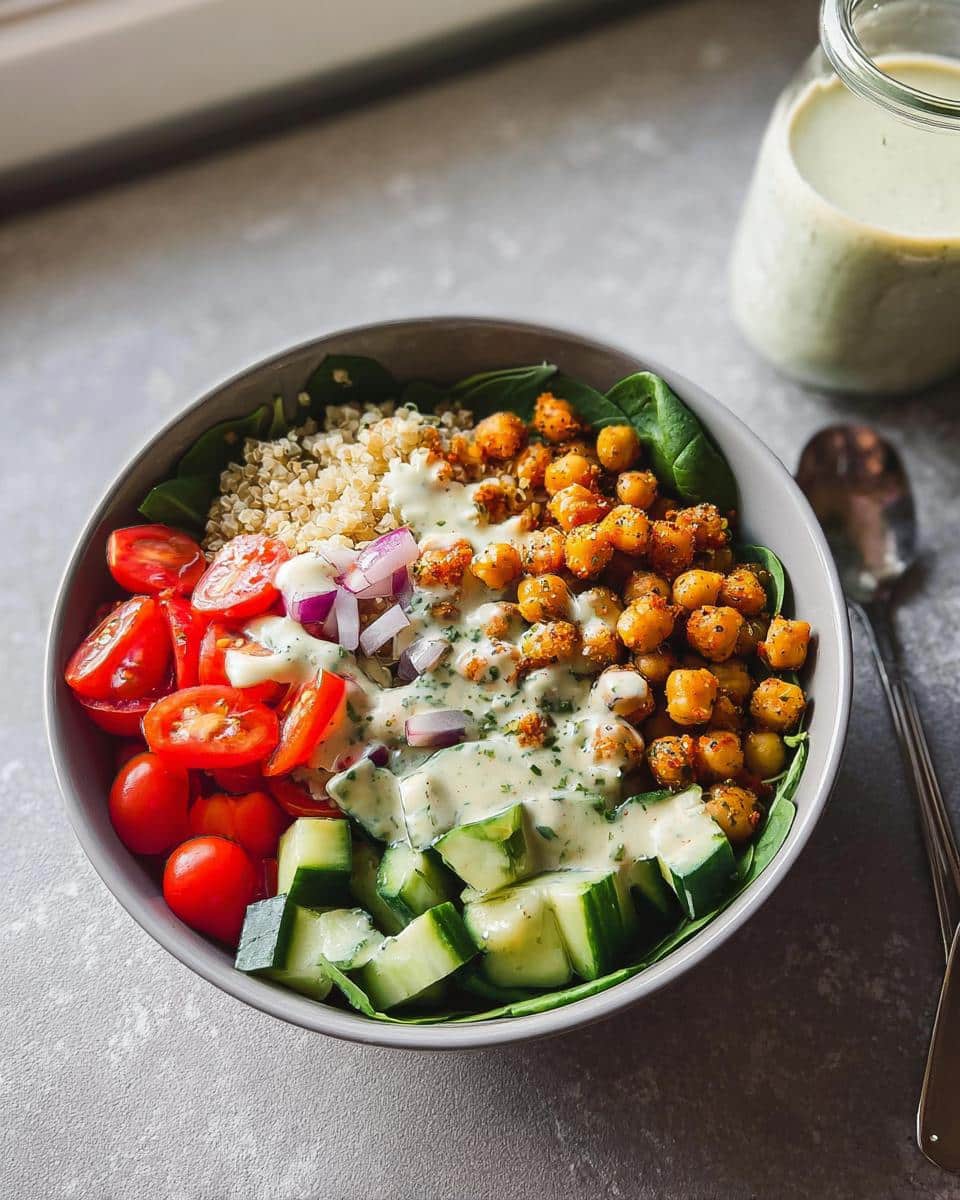 A vibrant Gluten Free Mediterranean Chickpea Bowl featuring roasted chickpeas, quinoa, tomatoes, cucumber, and creamy dressing.
