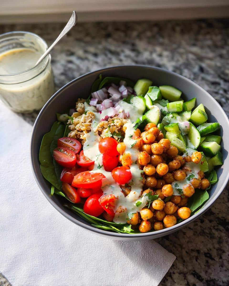A vibrant Gluten Free Mediterranean Chickpea Bowl featuring roasted chickpeas, tomatoes, cucumbers, and creamy dressing.