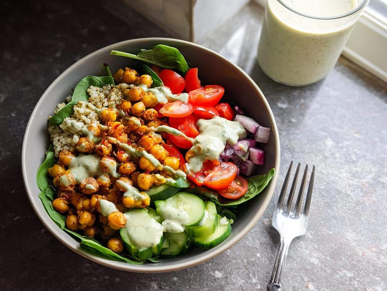 Overhead view of a Gluten Free Mediterranean Chickpea Bowl featuring roasted chickpeas, quinoa, tomatoes, cucumber, and a green dressing.