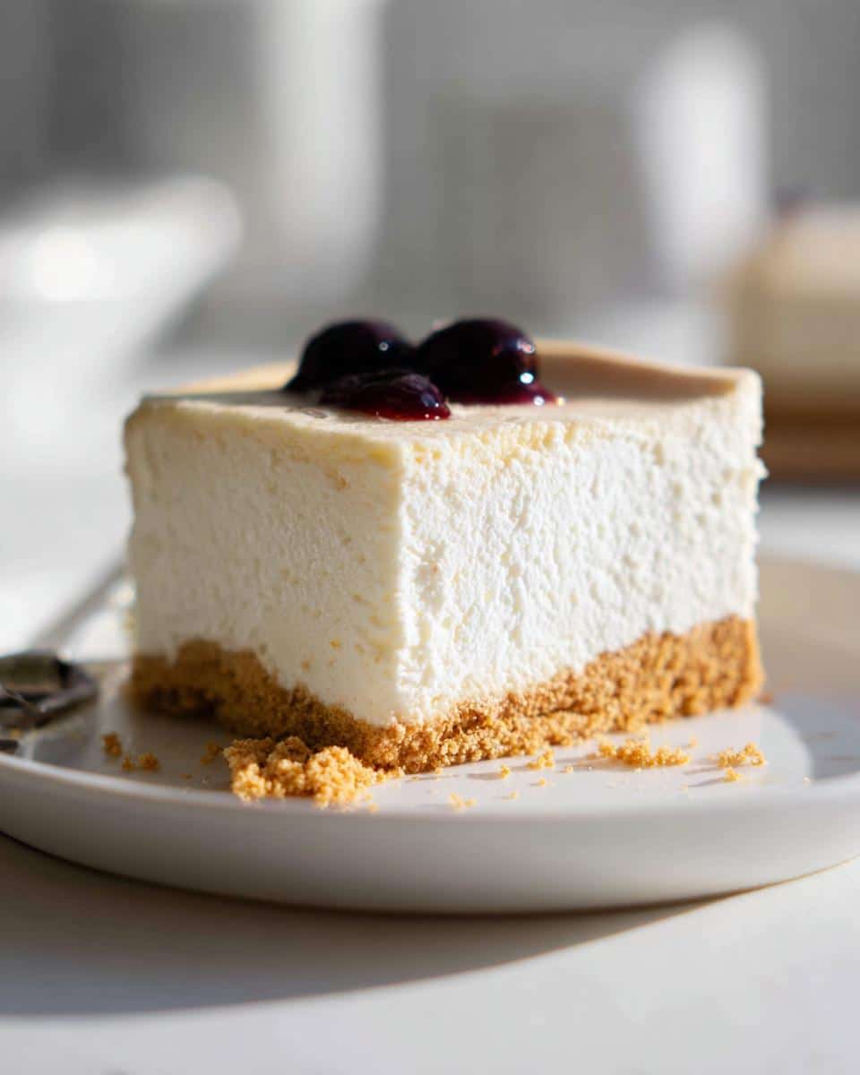 A close-up of a thick slice of Gluten Free No Bake Cheesecake with a graham cracker crust and blueberry topping