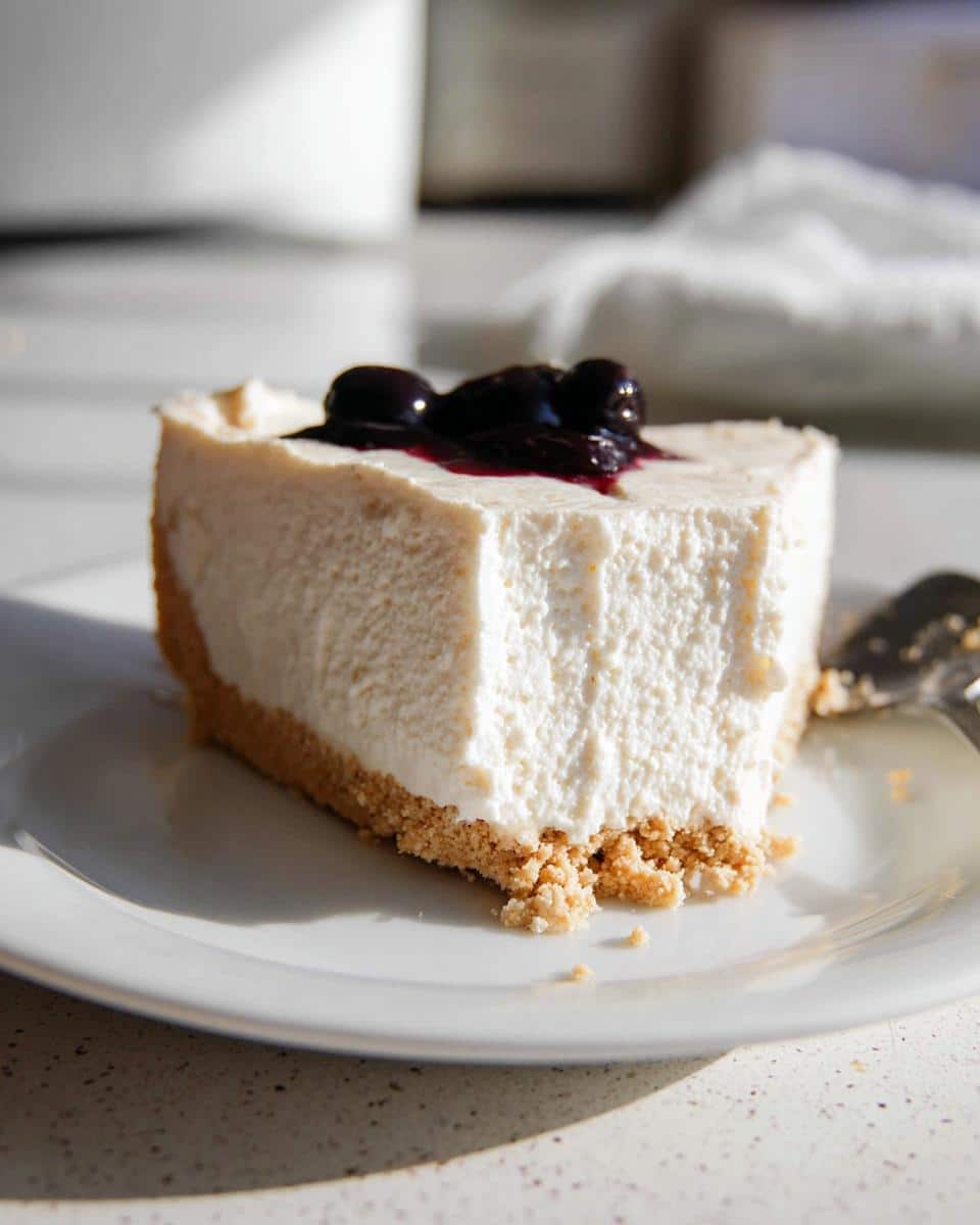 A thick slice of creamy Gluten Free No Bake Cheesecake topped with blueberry compote on a white plate