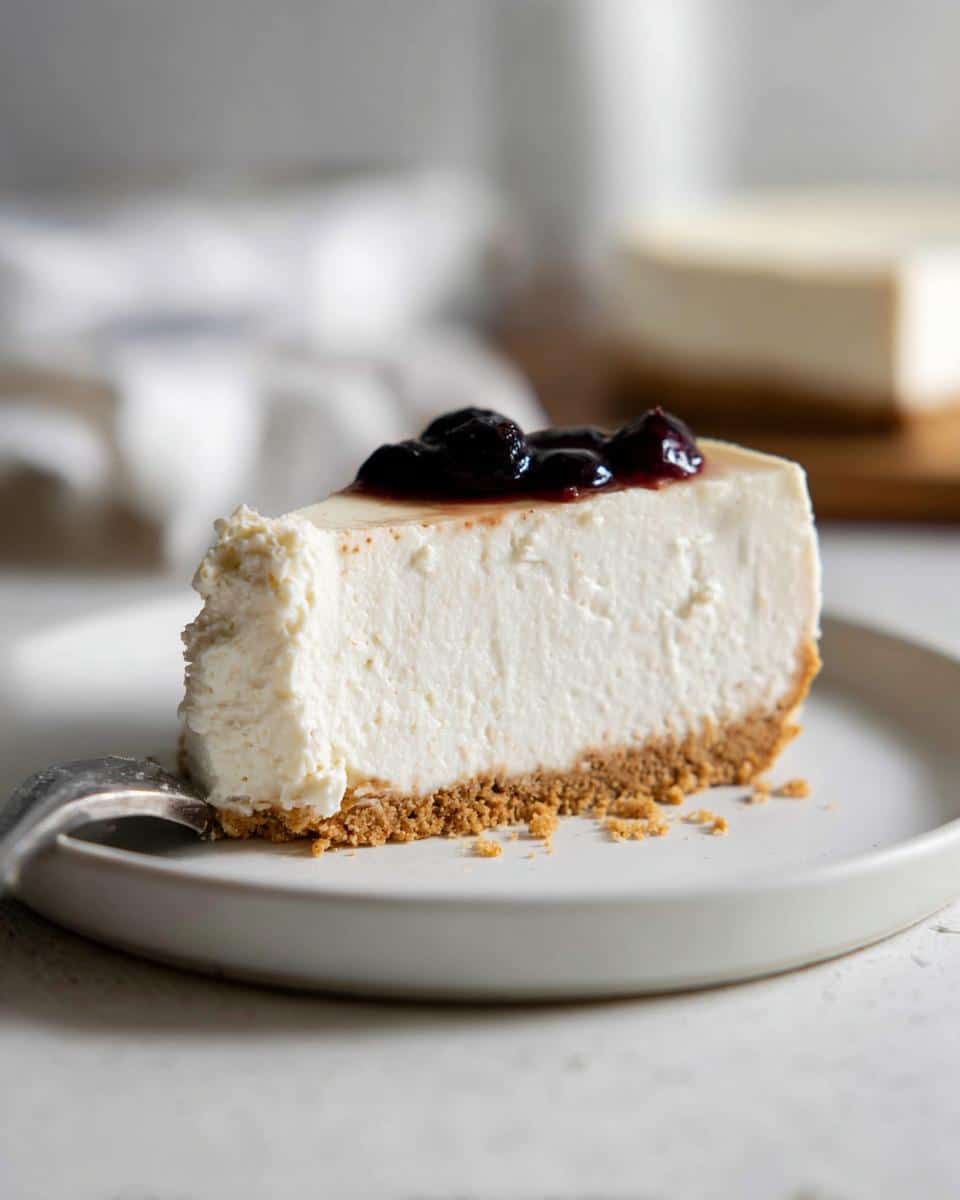 A creamy slice of Gluten Free No Bake Cheesecake topped with dark cherry compote on a white plate