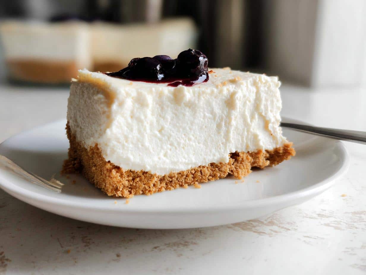 A thick slice of creamy Gluten Free No Bake Cheesecake topped with dark berry compote on a white plate.