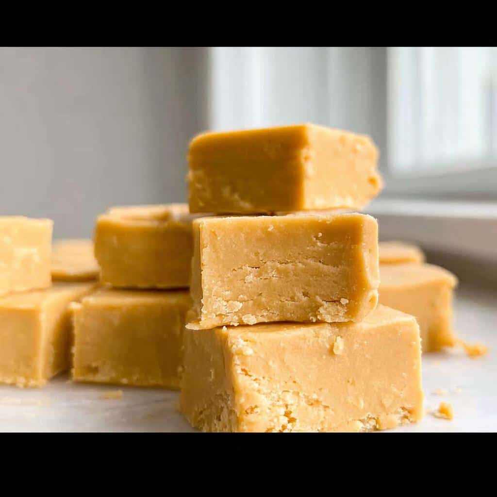 A close-up stack of creamy, light brown Gluten Free Peanut Butter Fudge squares.