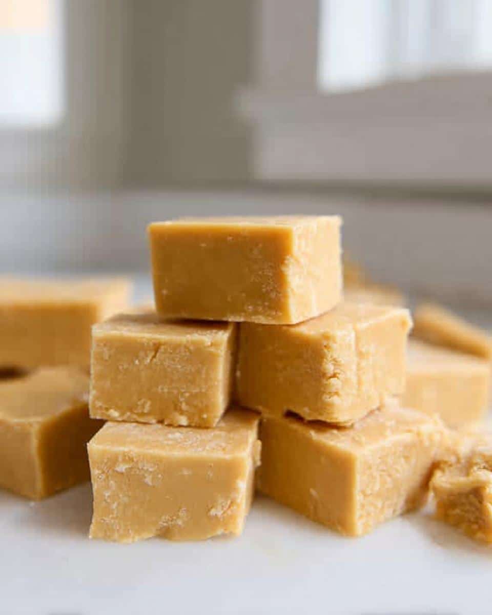 A close-up stack of creamy, light brown Gluten Free Peanut Butter Fudge squares on a white surface.