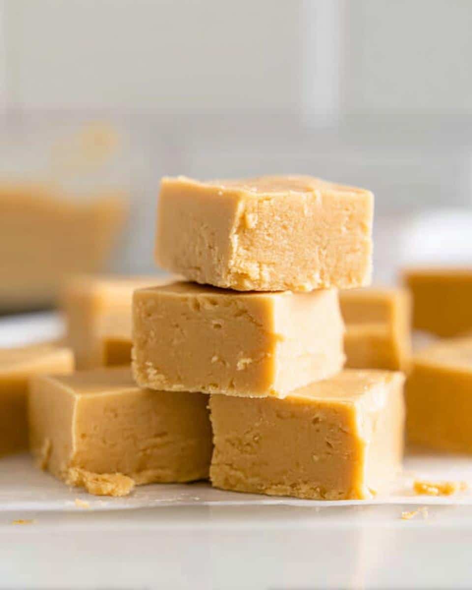 A stack of creamy, light brown Gluten Free Peanut Butter Fudge squares on a white surface.