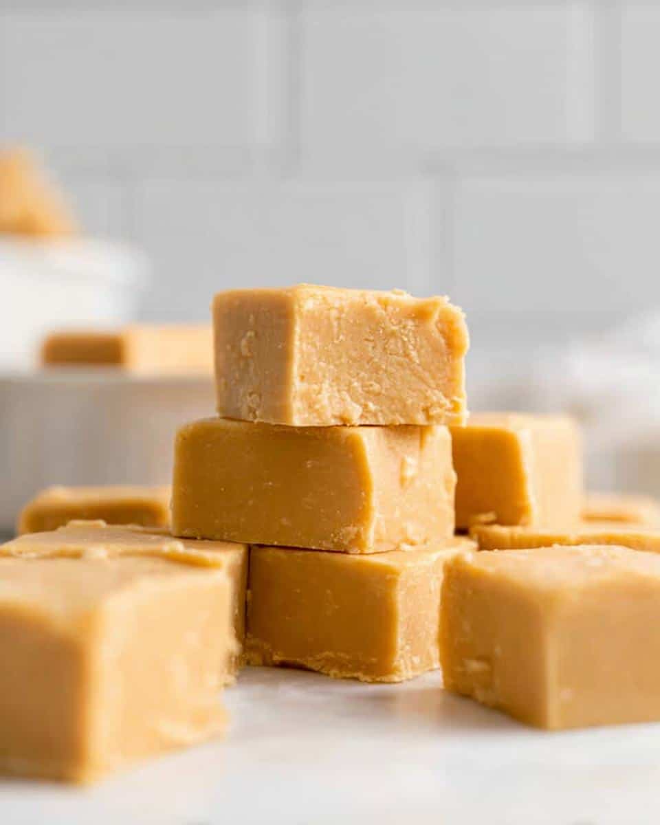 A stack of rich, creamy Gluten Free Peanut Butter Fudge squares on a white surface with a blurred white subway tile background.