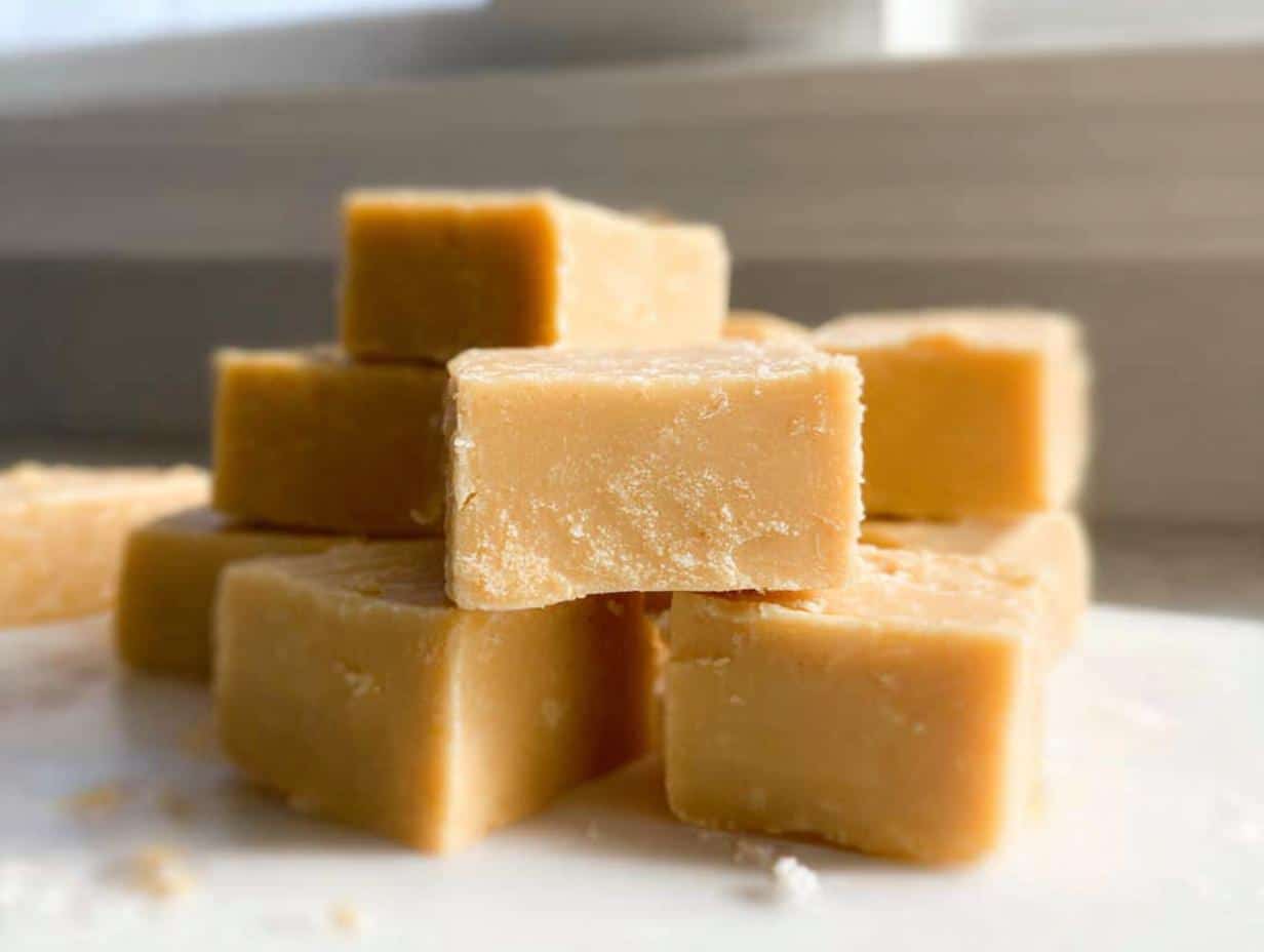 A stack of creamy, light brown squares of Gluten Free Peanut Butter Fudge resting on a white surface.