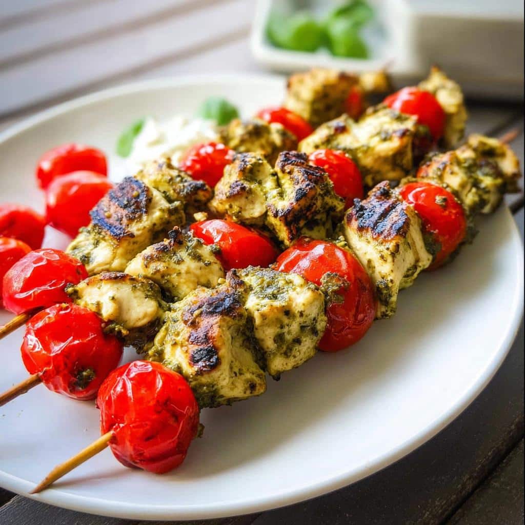 Close-up of grilled Gluten Free Pesto Chicken Skewers alternating with blistered cherry tomatoes on a white plate.