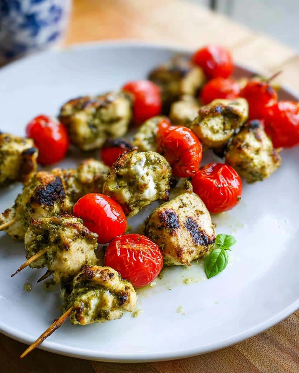 Close-up of grilled Gluten Free Pesto Chicken Skewers alternating with blistered cherry tomatoes on a white plate.