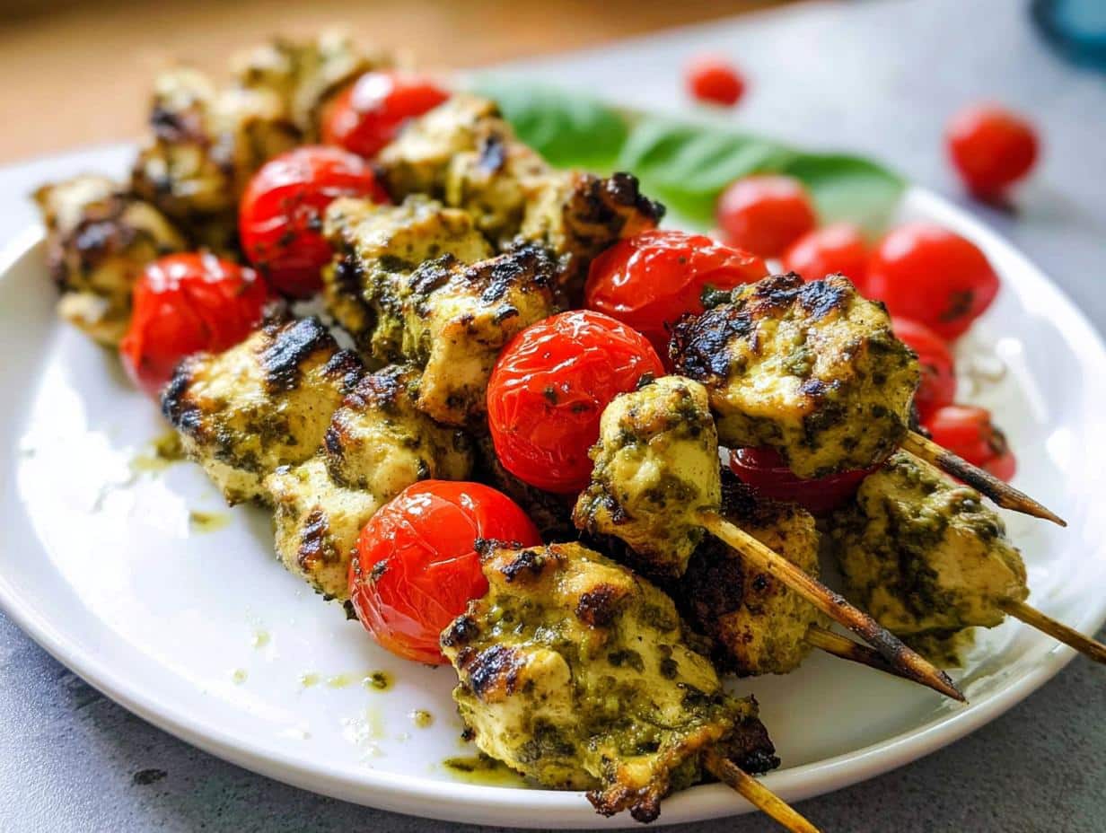 Close-up of grilled Gluten Free Pesto Chicken Skewers alternating with roasted cherry tomatoes on a white plate.