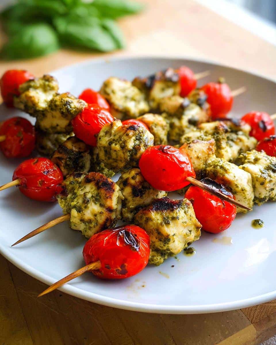 Close-up of grilled Gluten Free Pesto Chicken Skewers alternating with blistered cherry tomatoes on a light plate.
