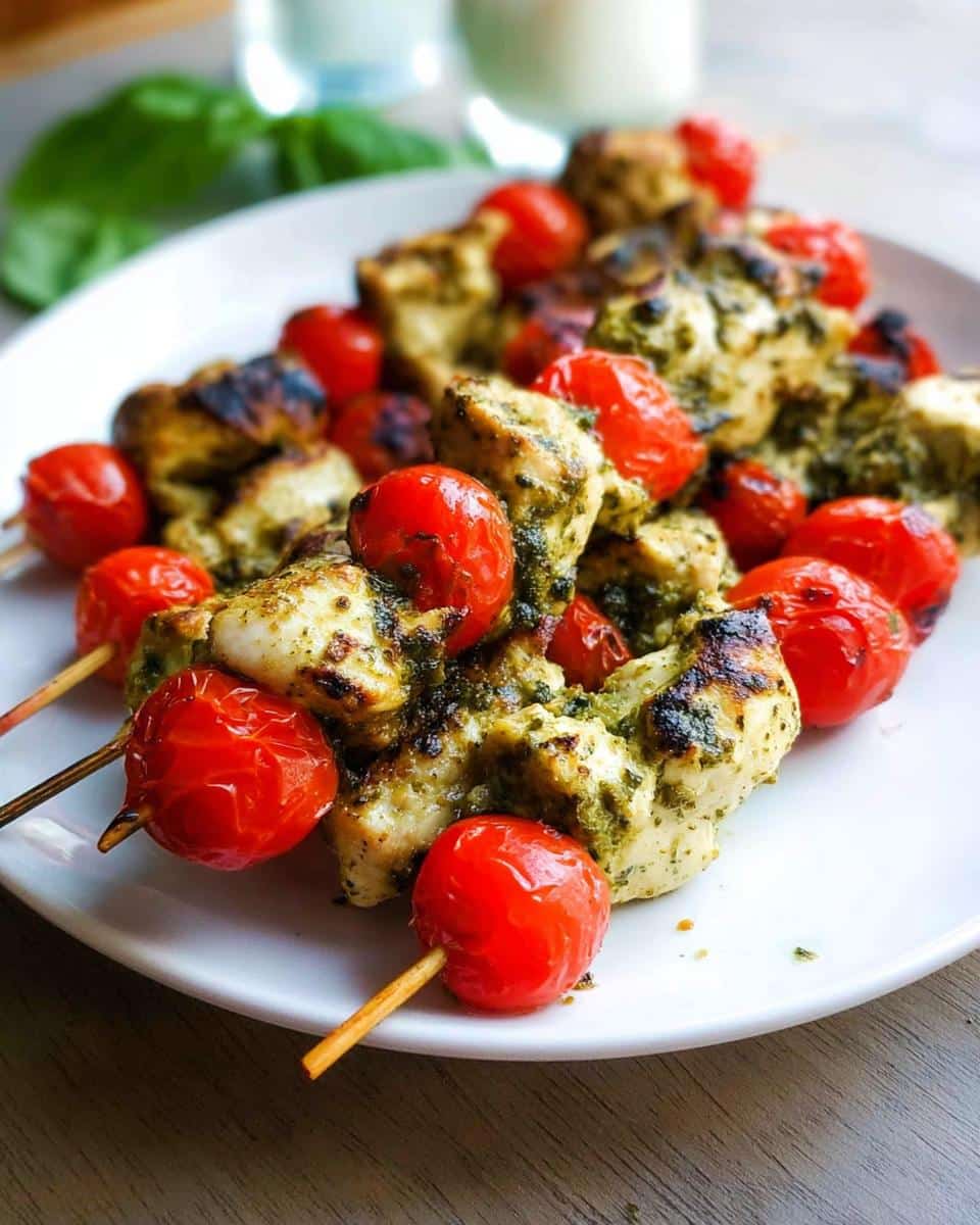 Close-up of grilled Gluten Free Pesto Chicken Skewers alternating with bright red cherry tomatoes on a white plate.