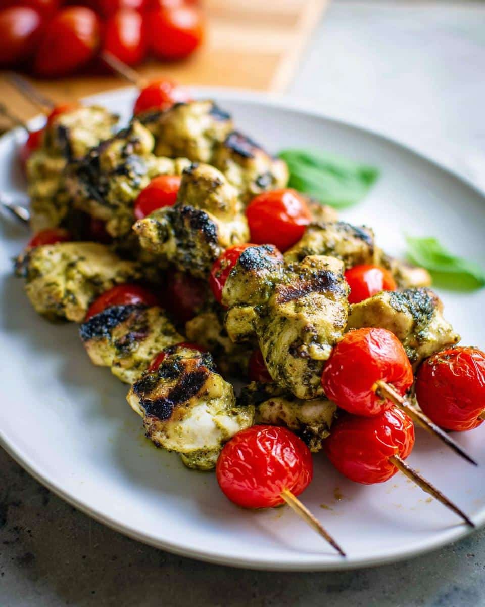 Close-up of grilled Gluten Free Pesto Chicken Skewers alternating with bright red cherry tomatoes on a white plate.