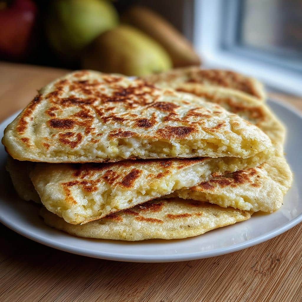 Close-up of stacked, golden-brown Gluten Free Protein Flatbread Wraps, cut to show the soft interior texture.