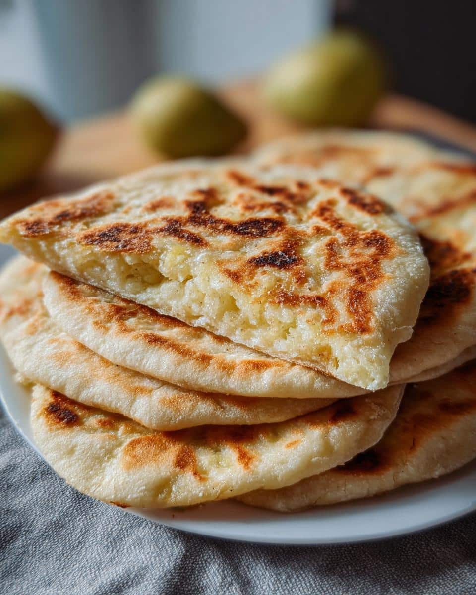 A stack of golden-brown Gluten Free Protein Flatbread Wraps, with the top one cut to show the soft, slightly textured interior.