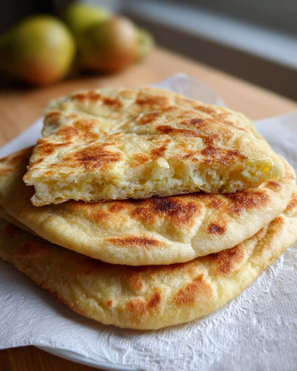 Close-up of a stack of golden brown Gluten Free Protein Flatbread Wraps, one cut open showing the soft interior.