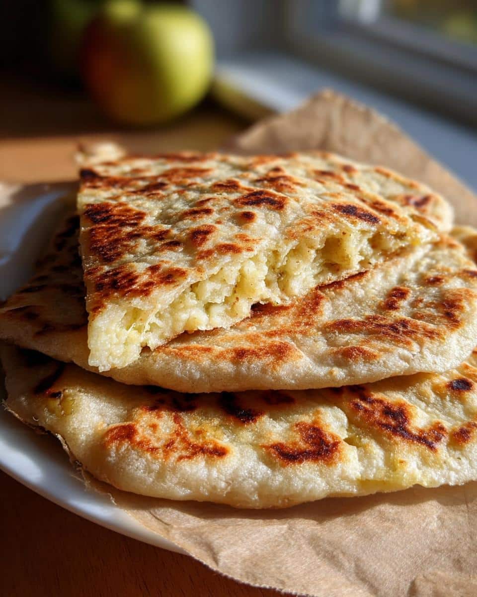 Close-up of stacked Gluten Free Protein Flatbread Wraps, showing a fluffy interior texture on the top piece.