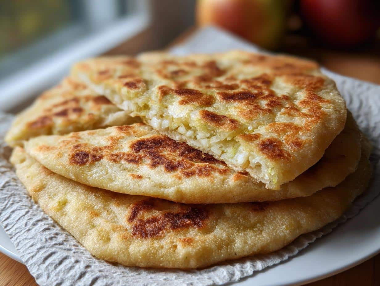 A stack of three golden-brown Gluten Free Protein Flatbread Wraps, one cut open to show the filling.
