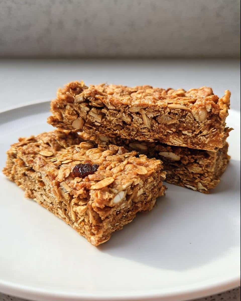 Three stacked, golden-brown Gluten-Free Savory Oat Bars made with visible oats and nuts, resting on a white plate.