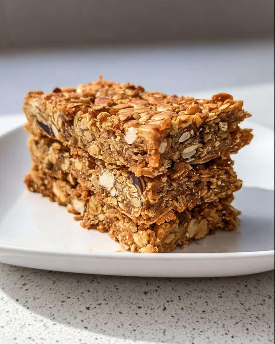 A stack of three dense, chewy Gluten-Free Savory Oat Bars packed with oats and seeds on a white plate.