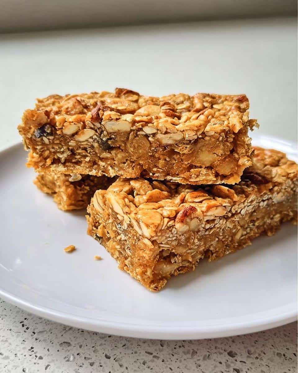 Three stacked Gluten-Free Savory Oat Bars packed with oats and nuts, resting on a white plate.