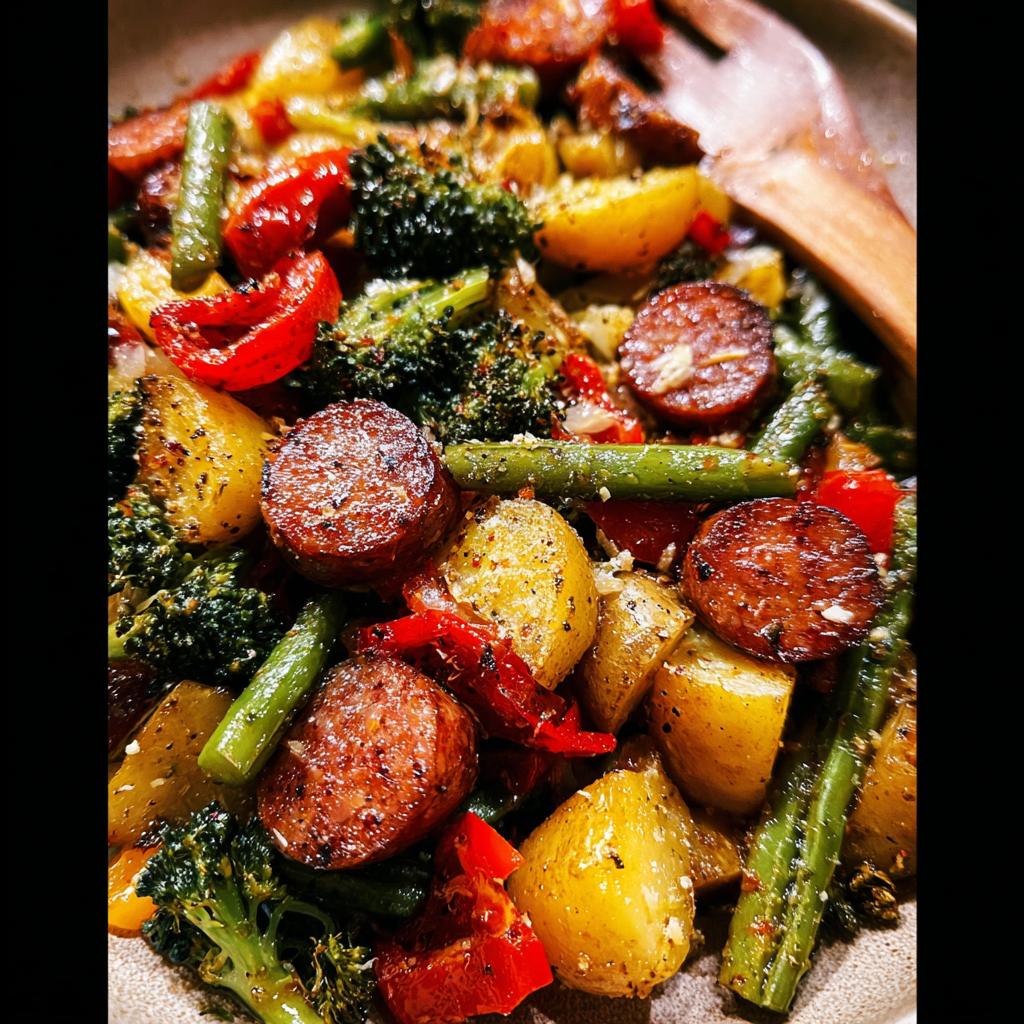 A close-up shot of roasted sausage slices mixed with potatoes, broccoli, and green beans in a Gluten Free Sheet Pan Sausage Veggies dish.