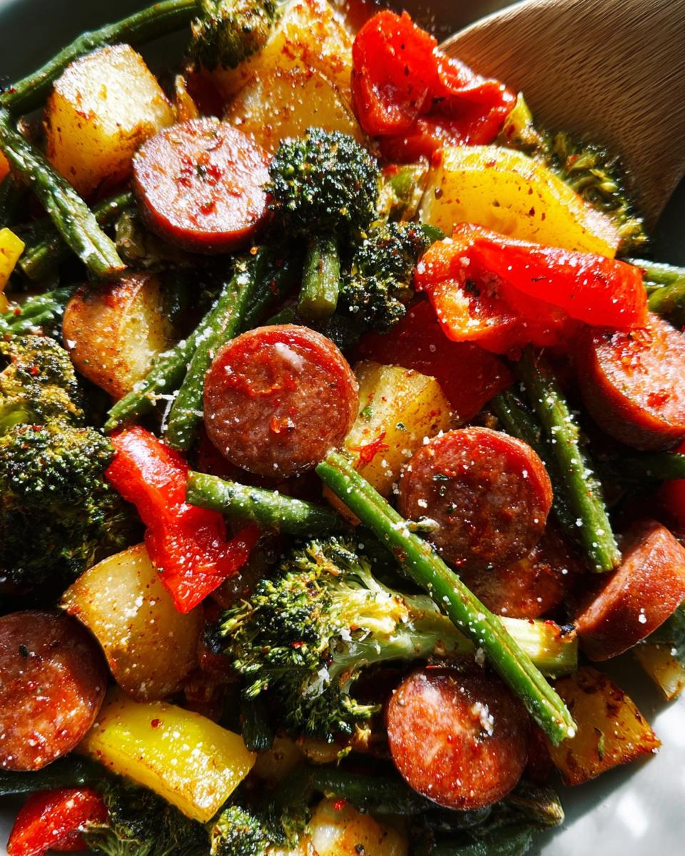 Close-up of roasted sausage slices mixed with potatoes, broccoli, and green beans in Gluten Free Sheet Pan Sausage Veggies.
