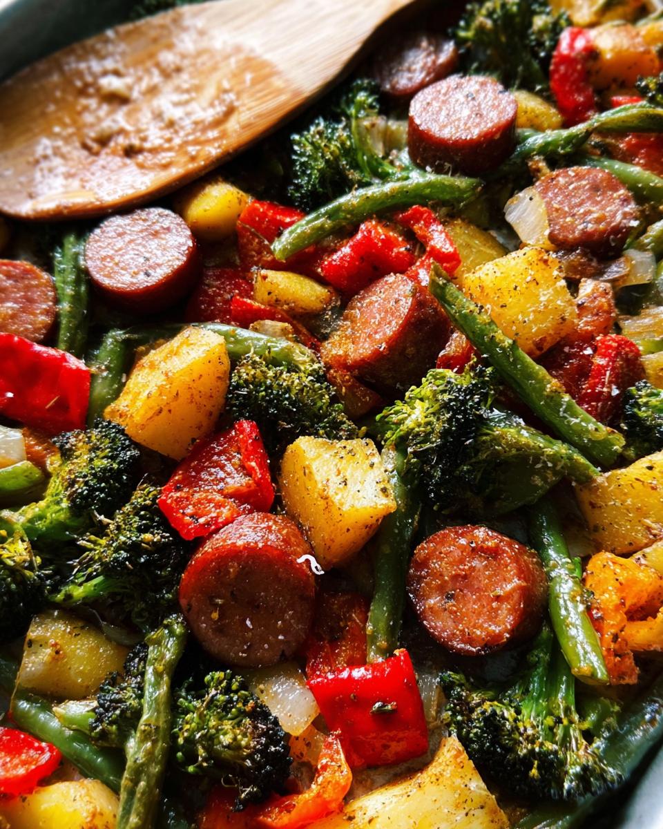 Close-up of roasted sausage slices mixed with potatoes, broccoli, red peppers, and green beans in a Gluten Free Sheet Pan Sausage Veggies dish.