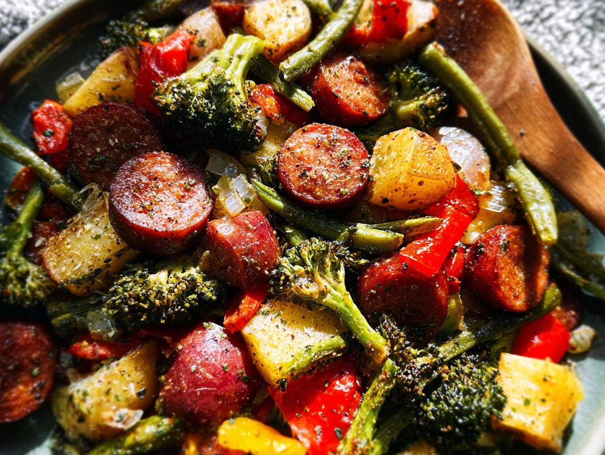 Close-up of roasted sausage slices, potatoes, broccoli, and peppers in a Gluten Free Sheet Pan Sausage Veggies dish.
