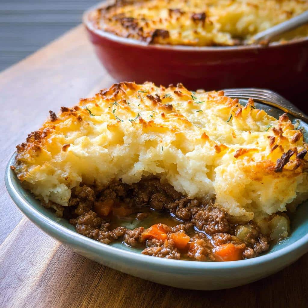 A close-up serving of Gluten-Free Shepherd’s Pie showing the rich meat filling and crispy, golden mashed potato topping.
