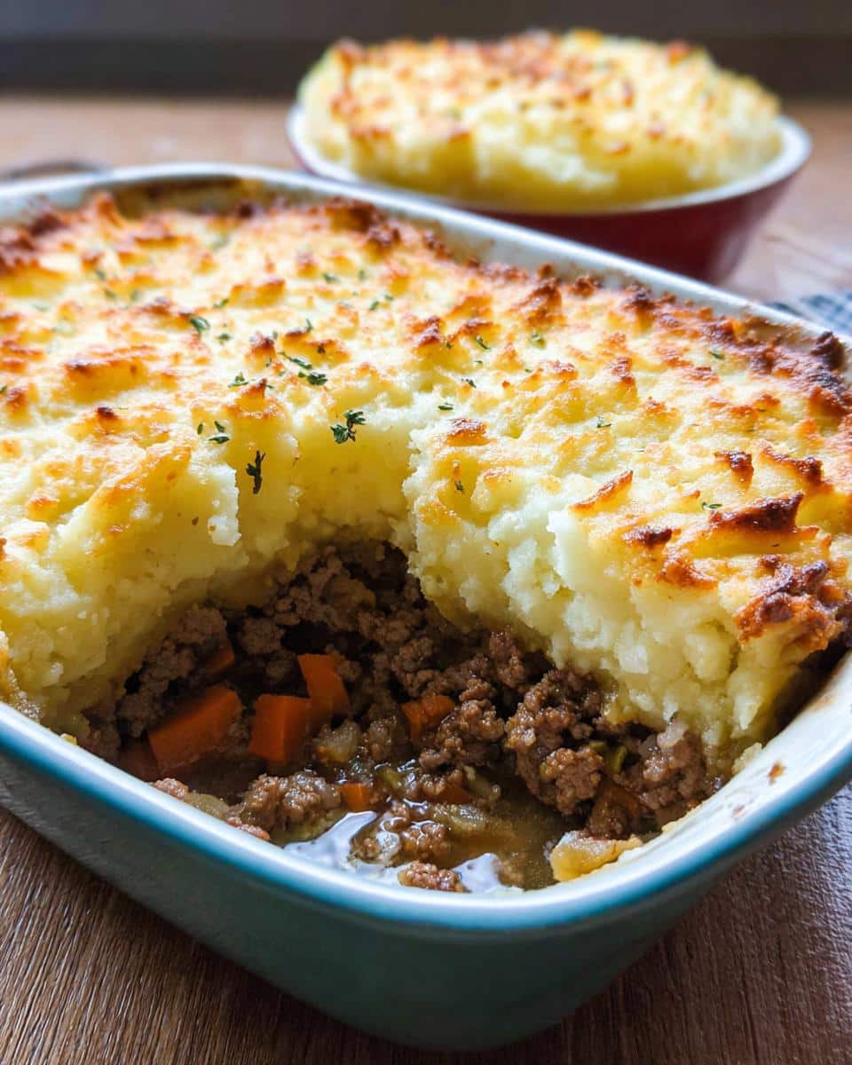 Close-up of a serving dish showing a scoop taken out of the Gluten-Free Shepherd’s Pie, revealing the rich meat filling and golden mashed potato topping.