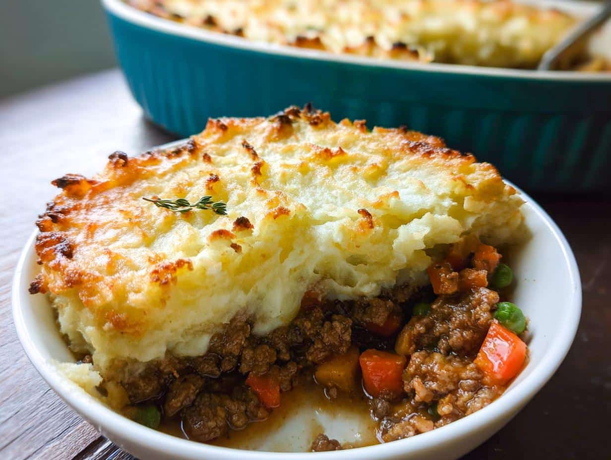 A close-up serving of Gluten-Free Shepherd’s Pie showing the rich meat filling and browned mashed potato topping.