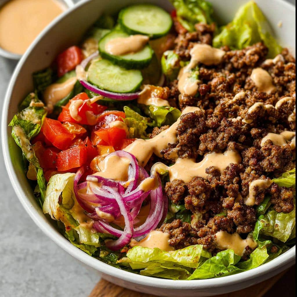 Close-up of a hearty Gluten Free Smash Burger Bowl with seasoned ground beef, lettuce, tomatoes, onions, and special sauce.