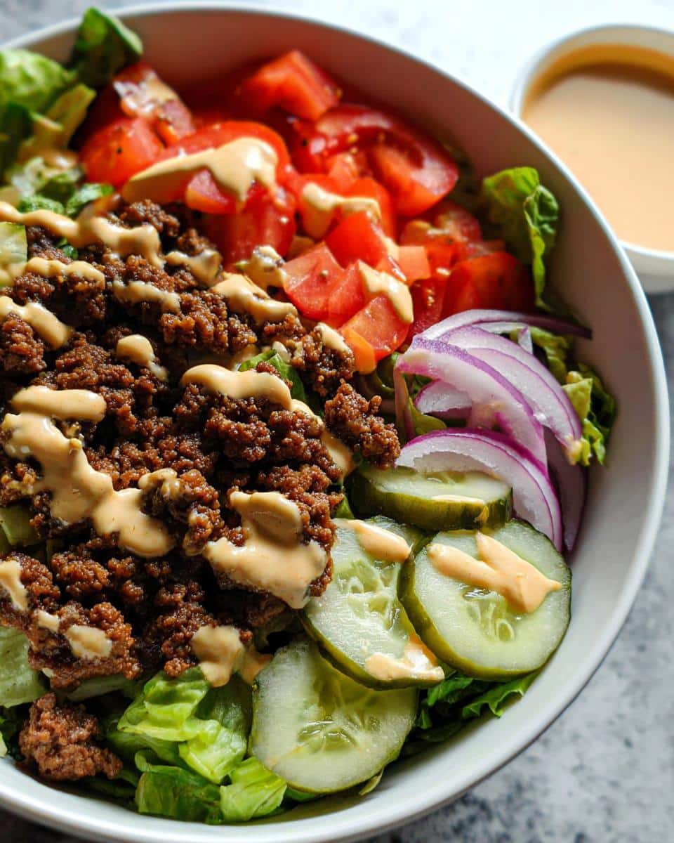 Close-up of a Gluten Free Smash Burger Bowl featuring seasoned ground beef, lettuce, tomatoes, pickles, and a creamy sauce.