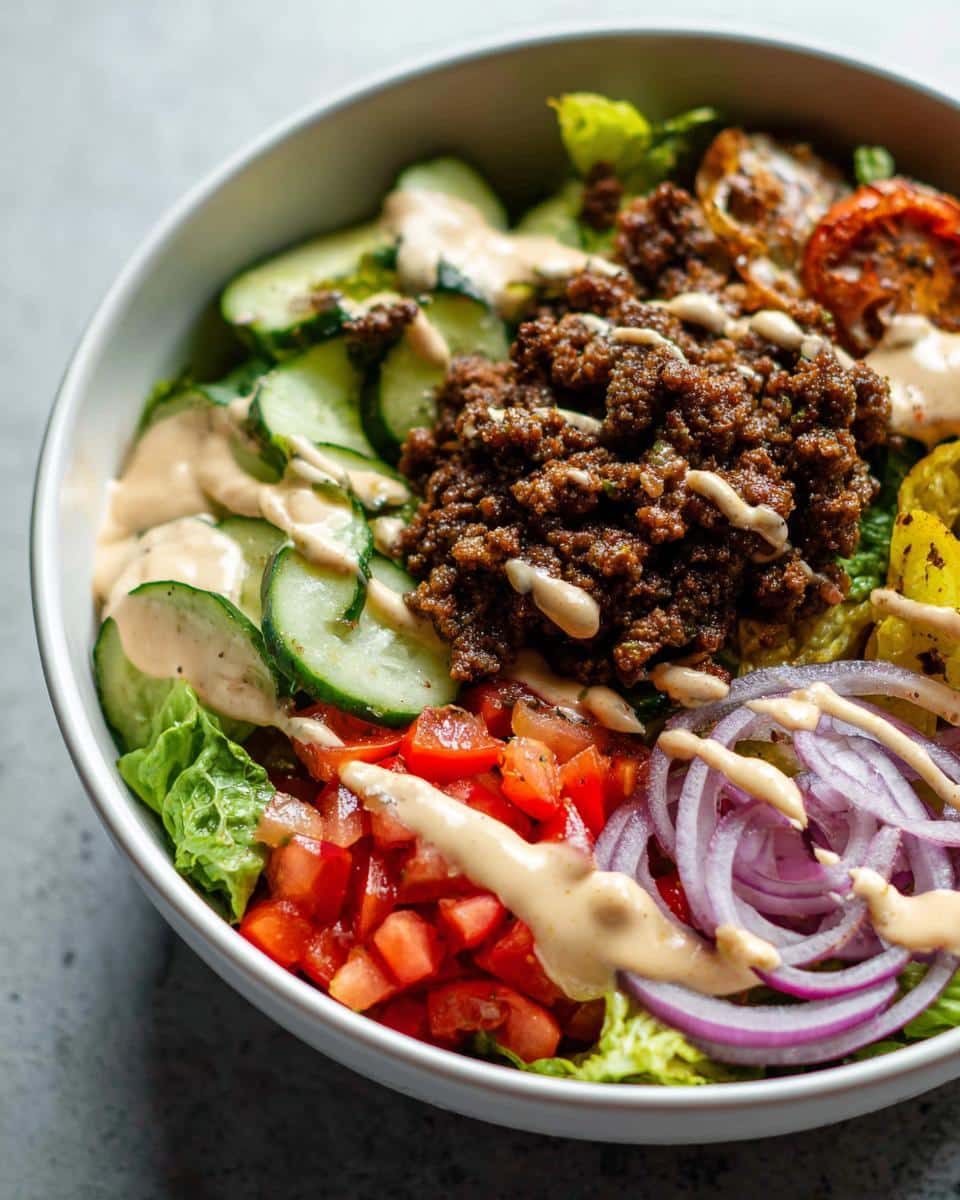 Close-up of a Gluten Free Smash Burger Bowl featuring seasoned ground beef, lettuce, tomatoes, onions, cucumbers, and a drizzle of sauce.