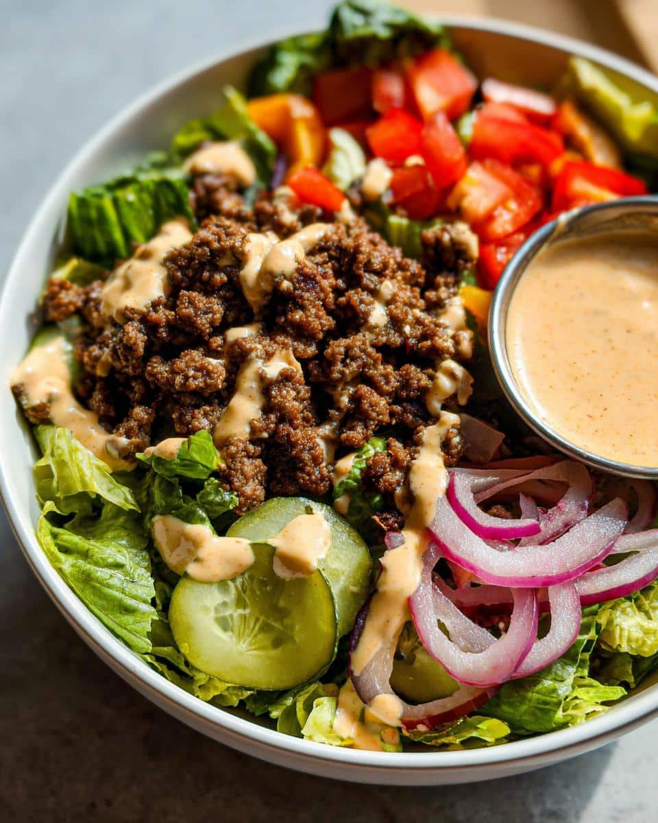 Close-up of a Gluten Free Smash Burger Bowl featuring seasoned ground beef, lettuce, pickles, red onion, and special sauce.