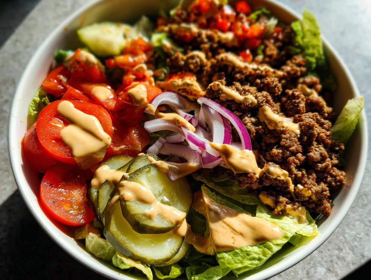 Close-up of a Gluten Free Smash Burger Bowl featuring seasoned ground beef, lettuce, tomatoes, pickles, and sauce.