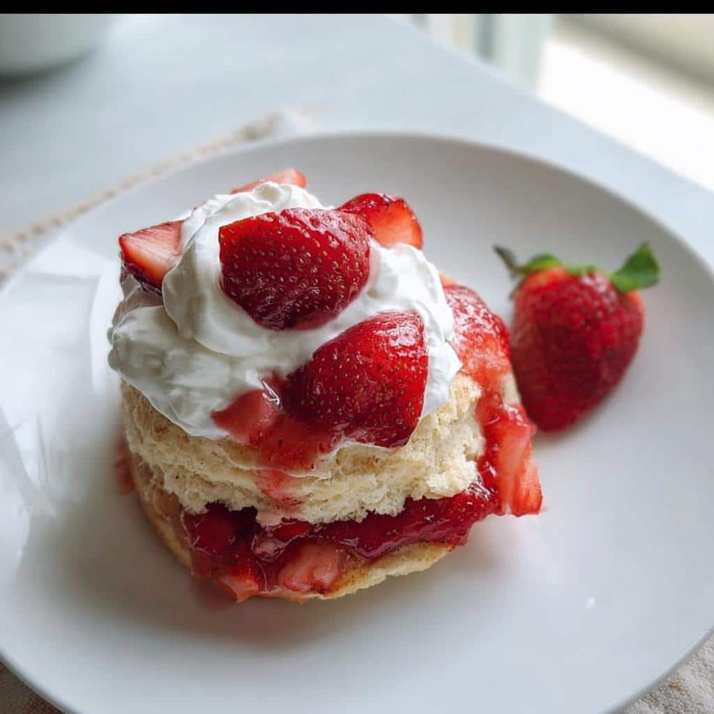 A single serving of Gluten Free Strawberry Shortcake stacked with layers of biscuit, macerated strawberries, and whipped cream.