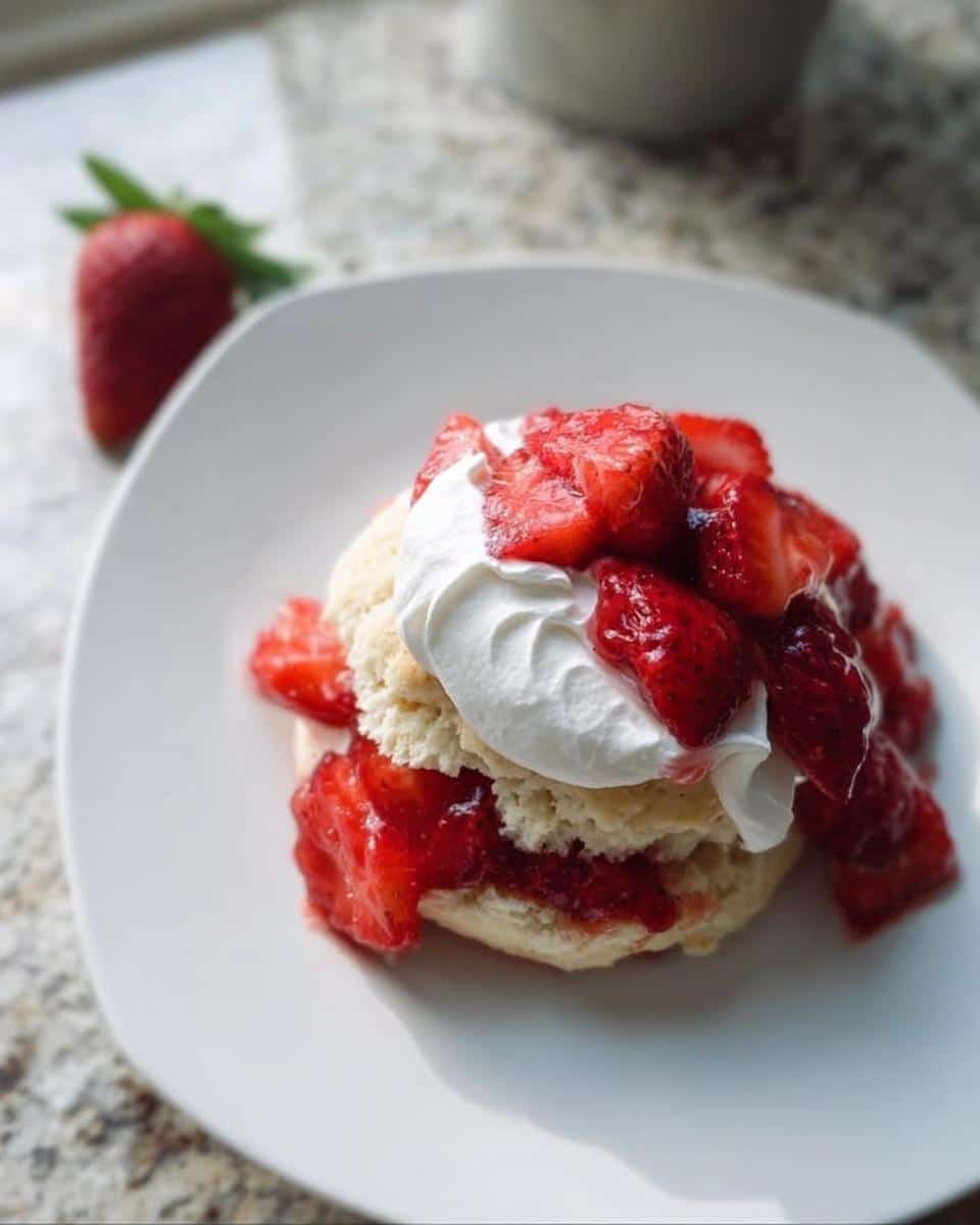 A single serving of Gluten Free Strawberry Shortcake, split and topped with macerated strawberries and whipped cream.