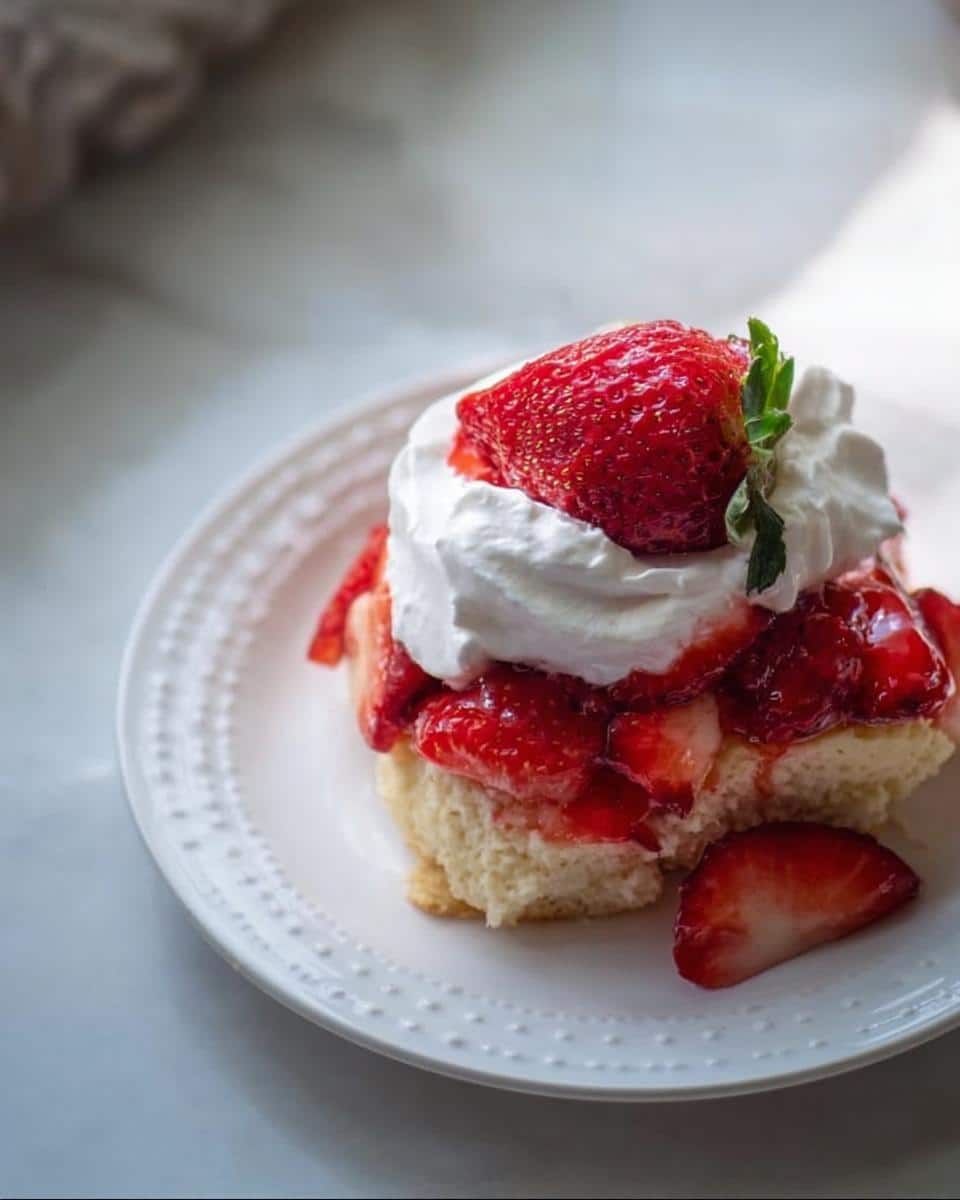 A single serving of Gluten Free Strawberry Shortcake topped with whipped cream and a fresh strawberry.