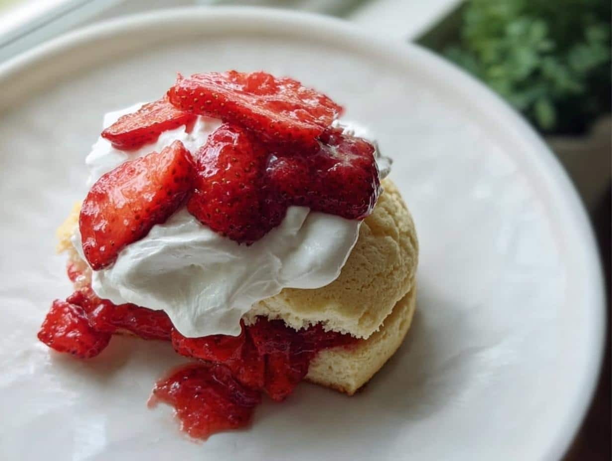 Close-up of a Gluten Free Strawberry Shortcake with macerated strawberries and whipped cream on a white plate.