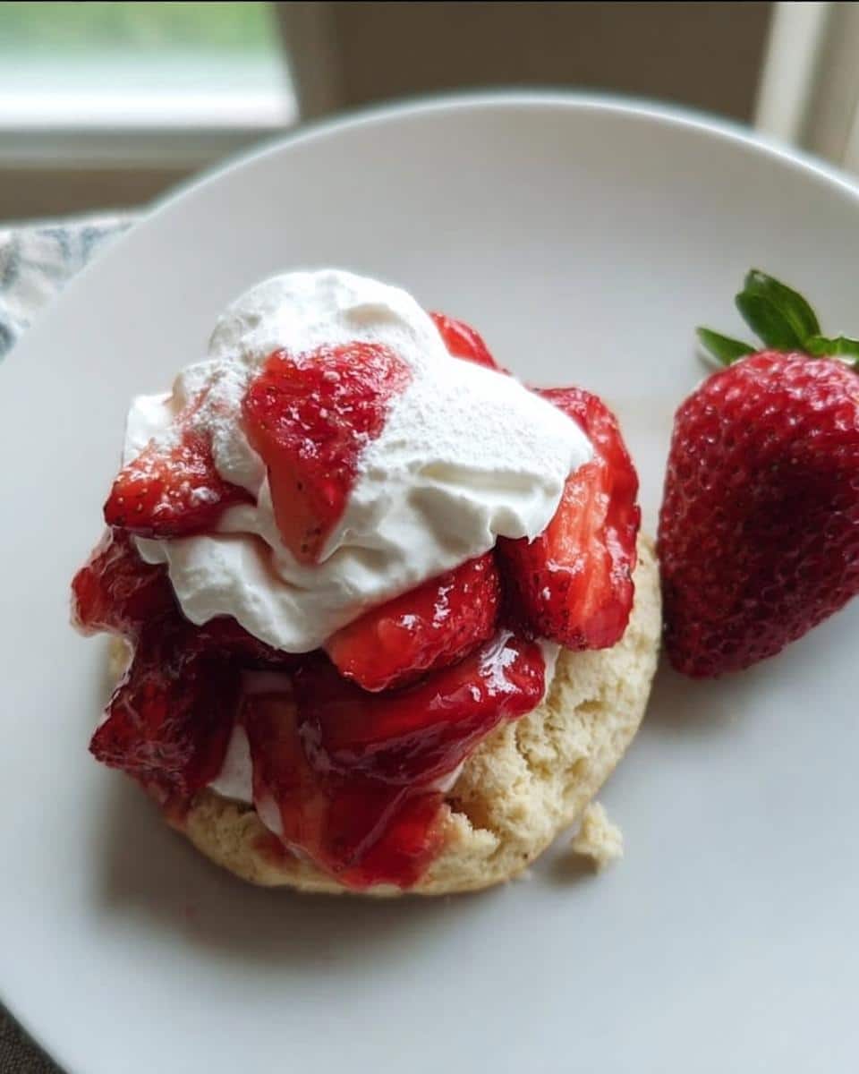 A single serving of Gluten Free Strawberry Shortcake topped with macerated strawberries and whipped cream, next to a whole strawberry.