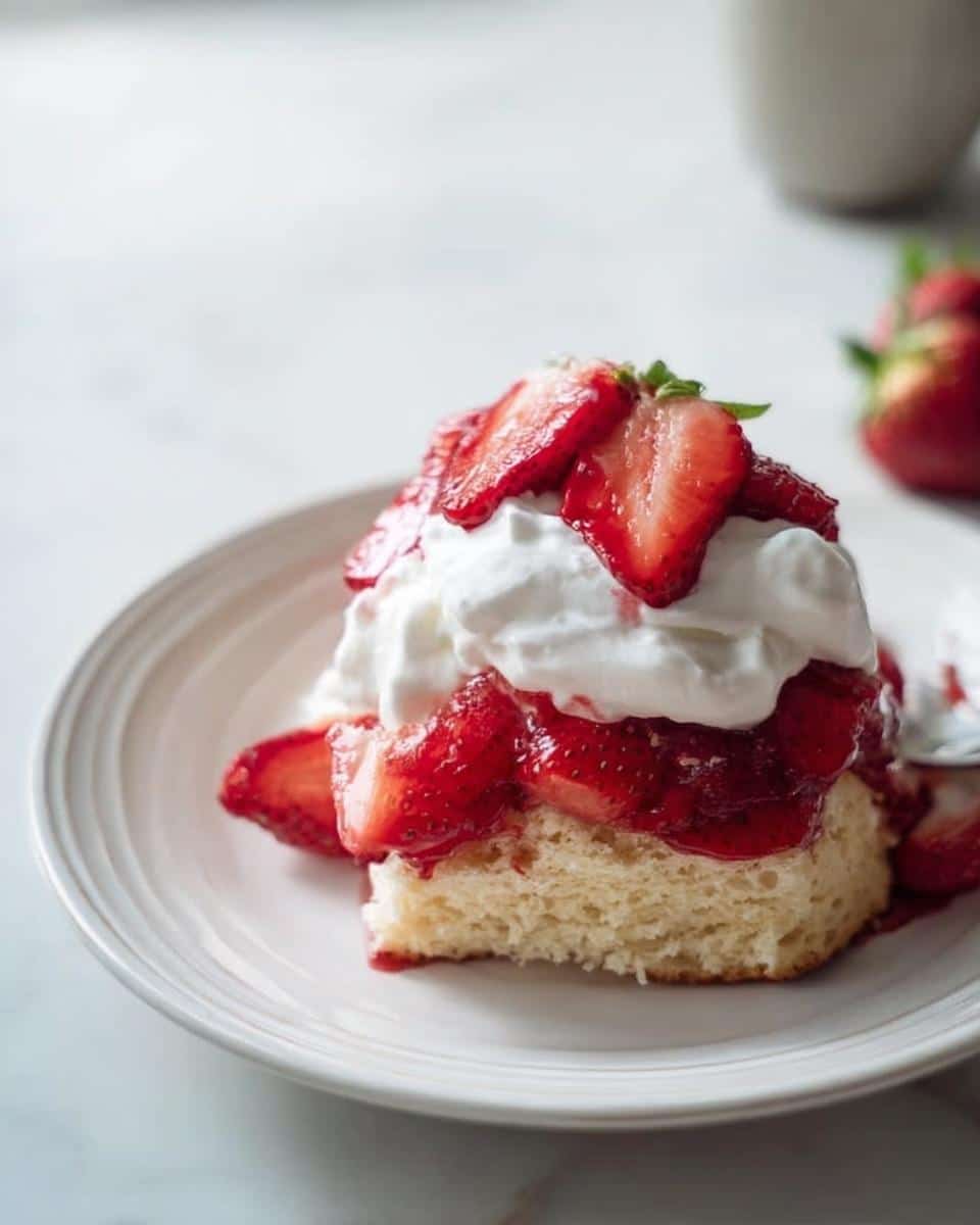 A serving of Gluten Free Strawberry Shortcake featuring a biscuit base topped with macerated strawberries and whipped cream.