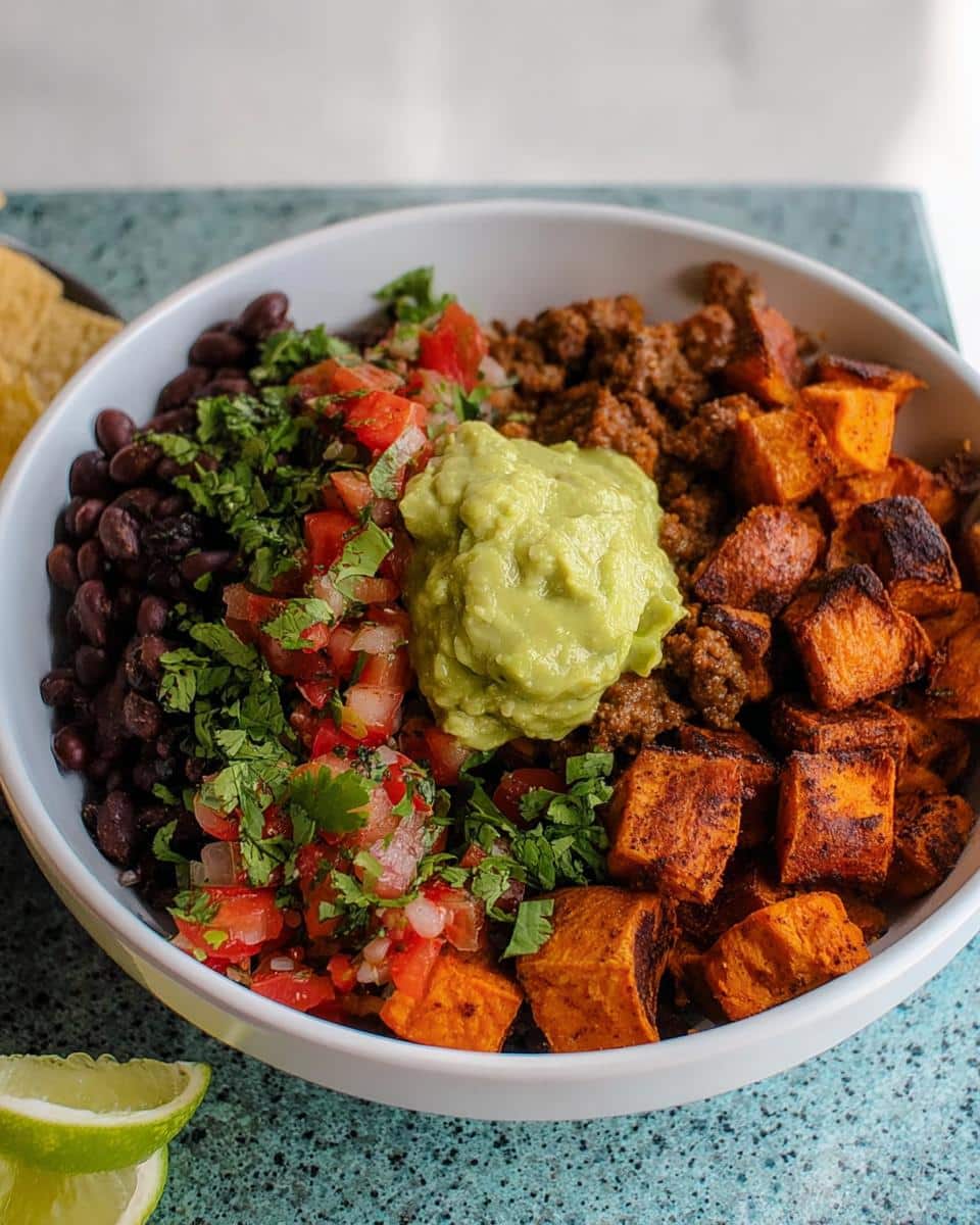 Close-up of Gluten Free Sweet Potato Taco Bowls featuring roasted sweet potatoes, black beans, seasoned meat, pico de gallo, and guacamole.